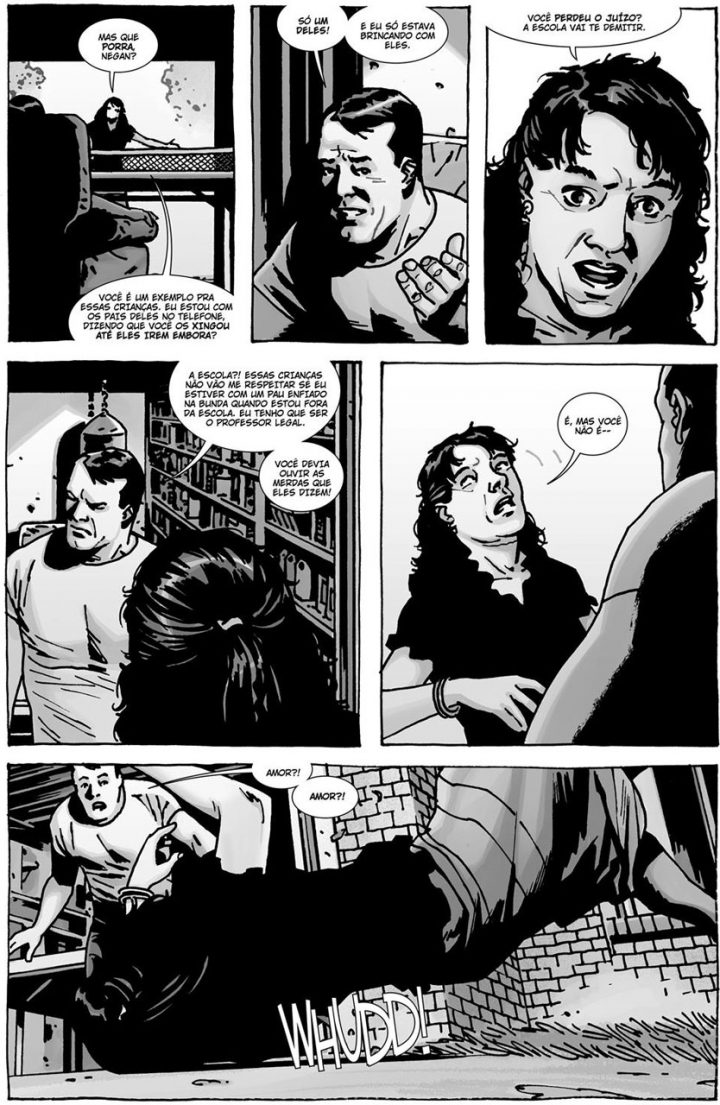 Negan e lucille em uma página do especial "here's negan", nos quadrinhos de the walking dead.