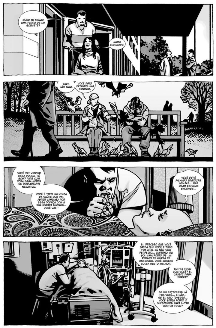 Negan fica ao lado de lucille em seus momentos finais em uma página do especial "here's negan", nos quadrinhos de the walking dead.