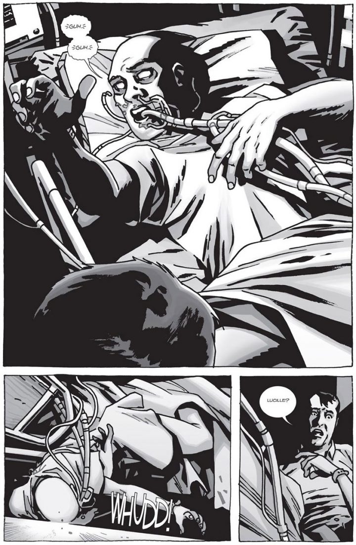 Negan vê lucille retornando como zumbi em uma página do especial "here's negan", nos quadrinhos de the walking dead.