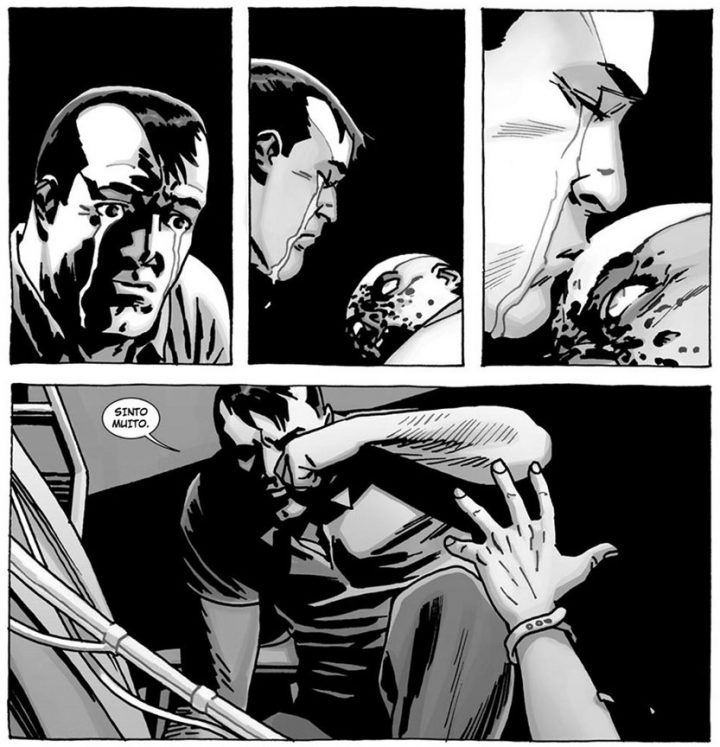 Negan percebe que lucille está morta em uma página do especial "here's negan", nos quadrinhos de the walking dead.