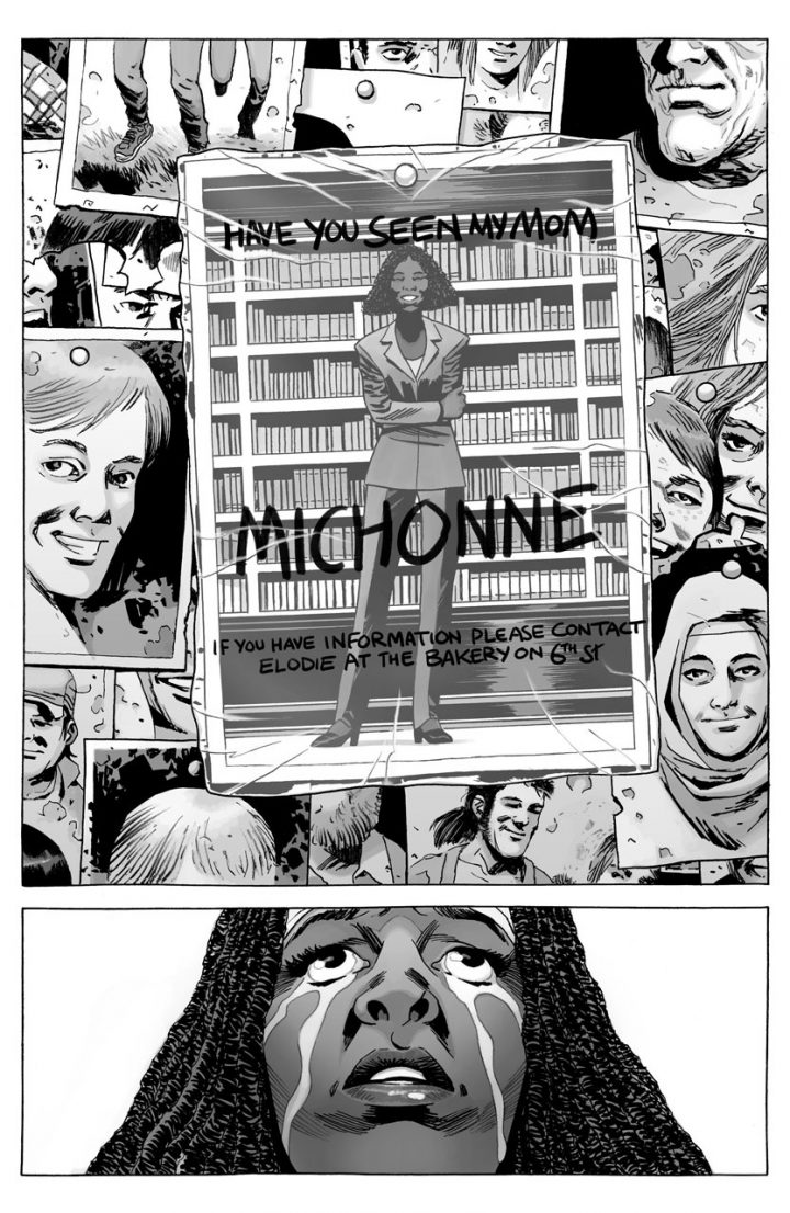 Michonne encontra sua filha elodie no mural dos desaparecidos, na edição 175 dos quadrinhos de the walking dead.