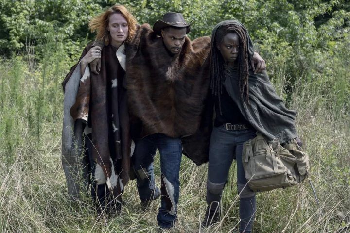 Michonne (danai gurira), aiden (breeda wool) e bailey (andrew bachelor) no 13º episódio da 10ª temporada de the walking dead.