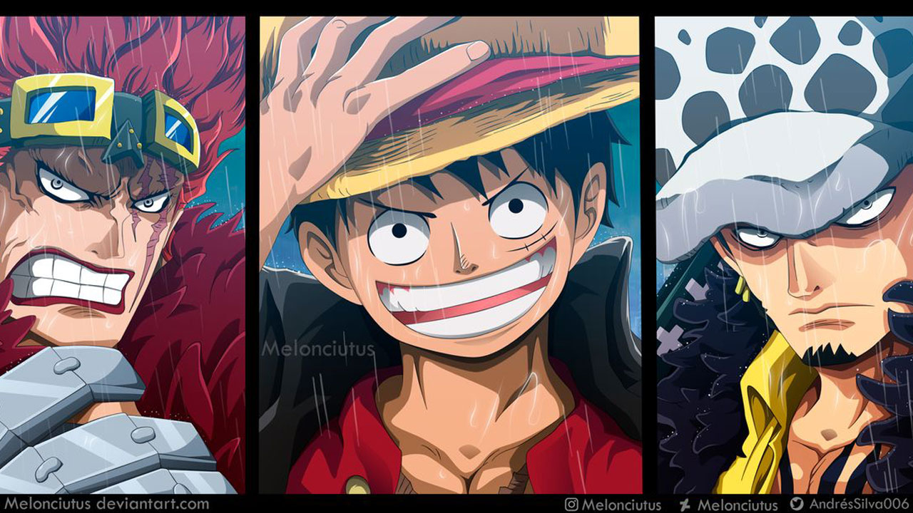 One Piece | Kid, Luffy e Law, em colorização fanmade do capítulo 974 do mangá.