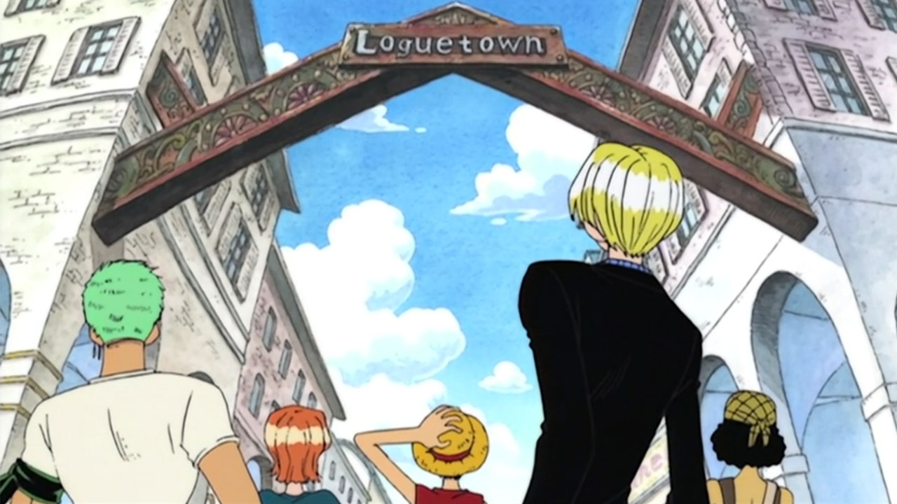 One Piece | Zoro, Nami, Luffy, Sanji e Usopp na entrada de Loguetown no episódio 48 do anime.