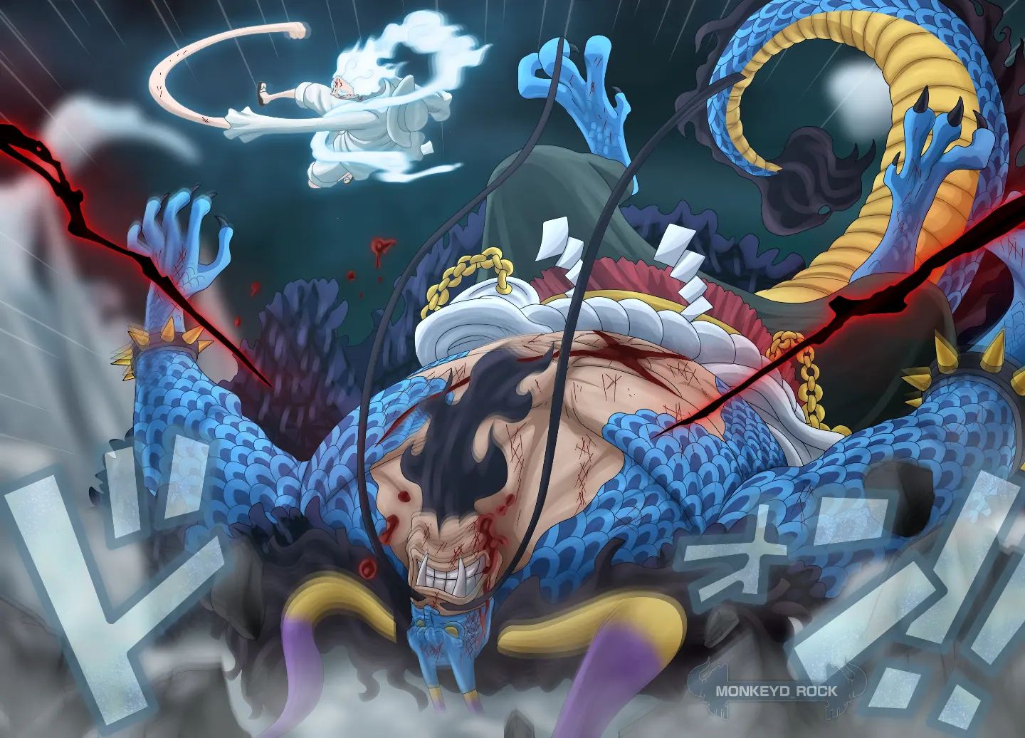 Luffy vs kaido. Colorização do mangá 1045 de one piece por @monkeyd_rock.