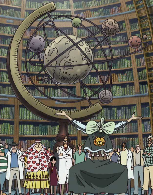 Professor clover, nico robin e pesquisadores na biblioteca de ohara; episódio 275, minuto - 11:25.